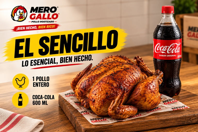 El Sencillo de Mero Gallo: pollo rostizado entero sobre tabla de madera con una Coca-Cola de 600 ml.