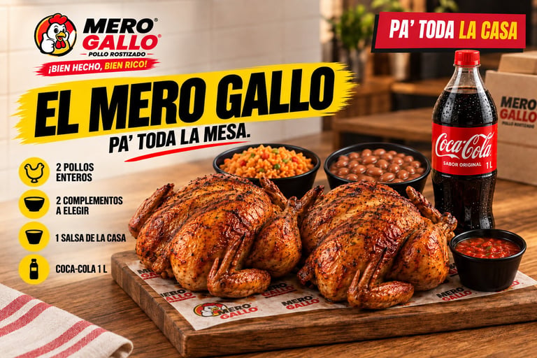 El Mero Gallo: dos pollos rostizados enteros con dos complementos, salsa de la casa y Coca-Cola de 1 L sobre tabla de madera.