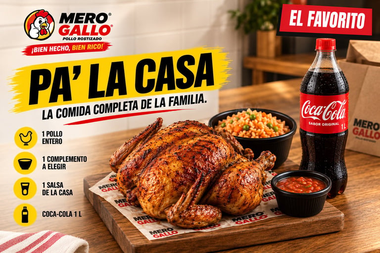 Pa' la Casa de Mero Gallo: pollo rostizado entero con complemento de arroz, salsa de la casa y Coca-Cola de 1 L sobre tabla de madera.