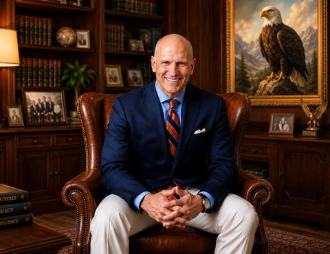 Bald man in navy blazer and striped tie sitting in leather chair in wood-paneled office with eagle portrait and bookshelves