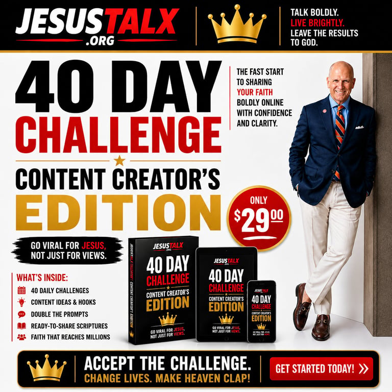 40 Day Challenge Content Creator Edition promotional banner featuring man in blazer, priced at $29.90, with Jesus Talk branding and call to action