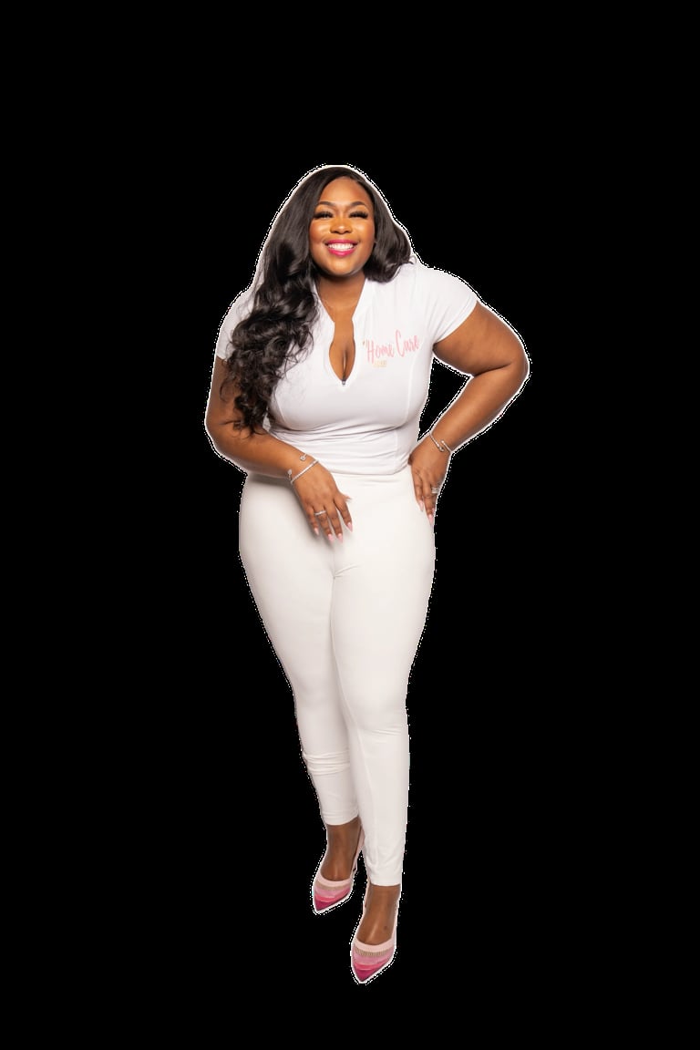 Woman in white outfit with long dark hair, smiling at camera, posing with hand on hip against black background