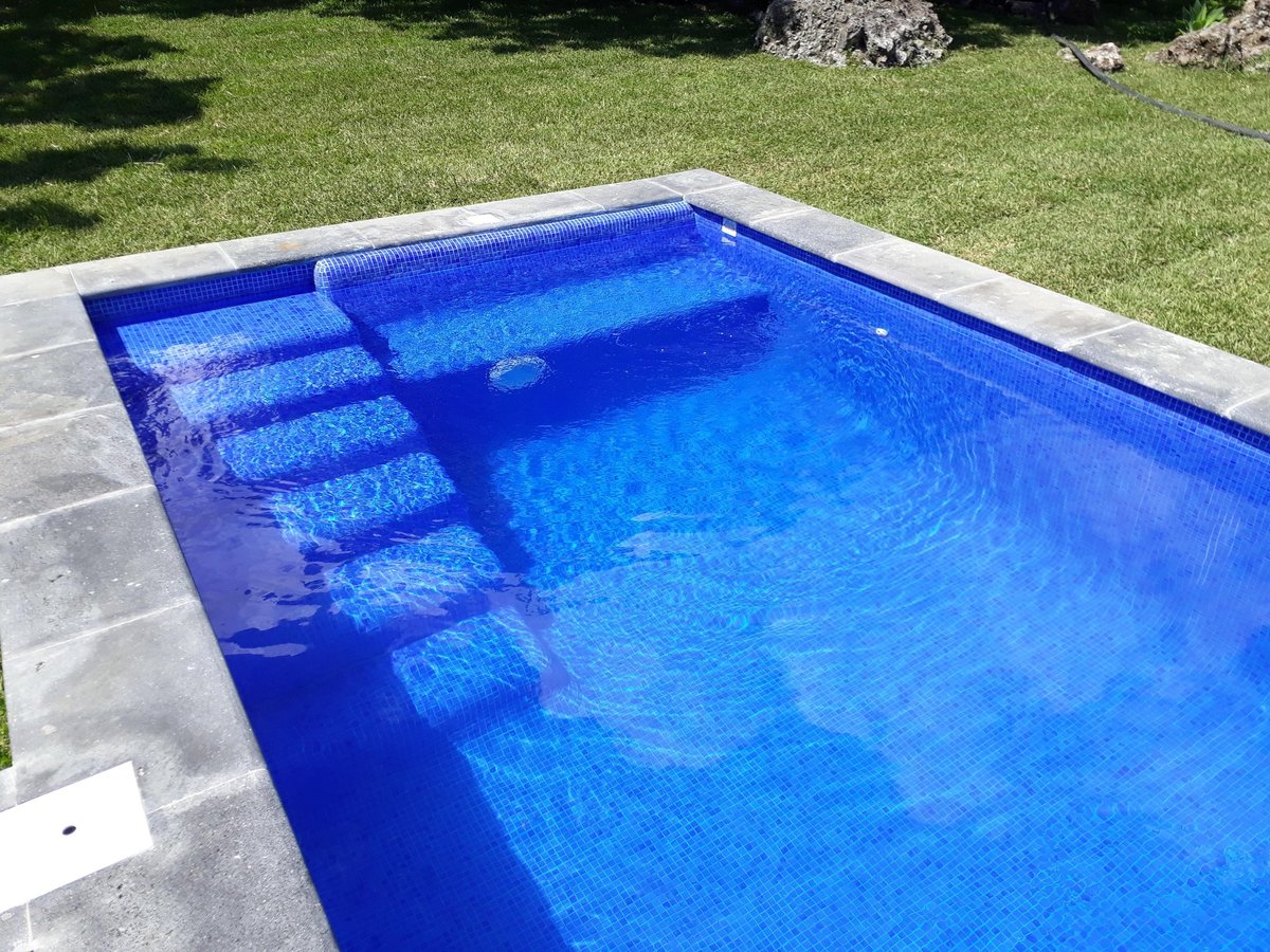 Alberca rectangular con agua azul brillante y escalones de azulejo en deck de concreto rodeada de jardín con pasto verde