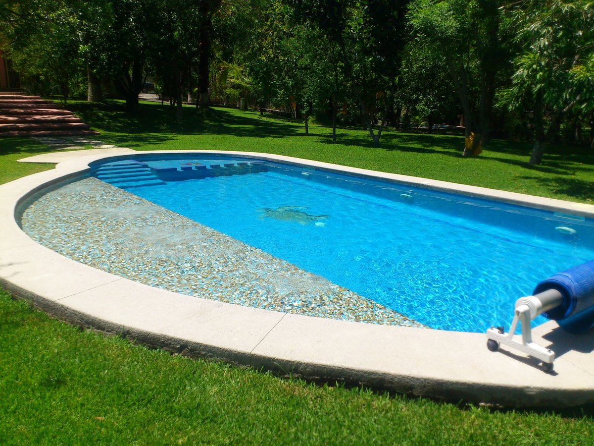Alberca moderna con agua azul, deck de concreto claro y jardín verde con árboles en el fondo