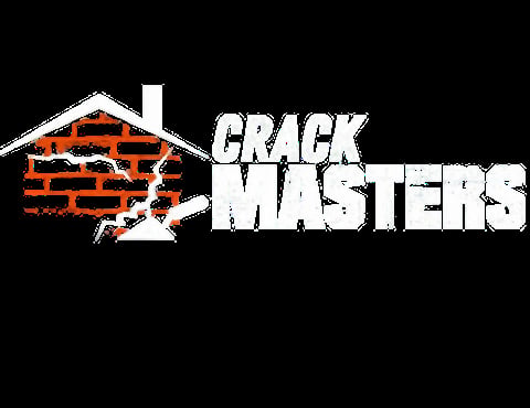 Crack Masters logo featuring a house roof with brick pattern and white text on black background