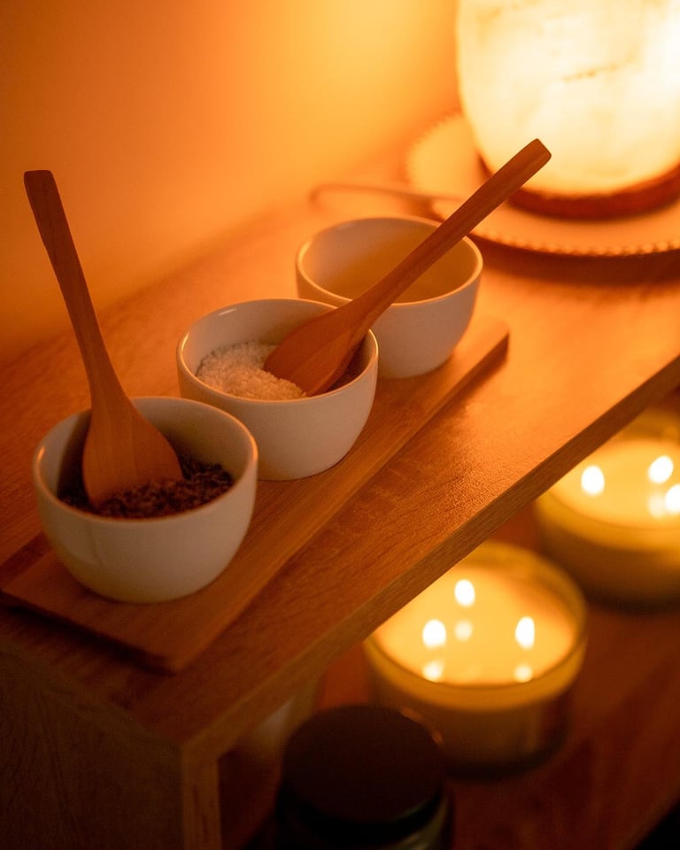 Taças brancas com especiarias e colheres de madeira sobre bandeja, com velas acesas em luz quente e acolhedora