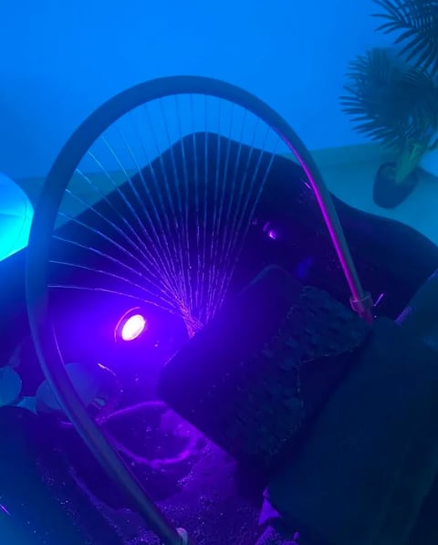 Instalação com luzes neon e linhas iluminadas no espaço