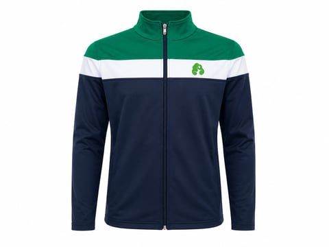 Mens color-block track jacket with green, white, and navy stripes and full zip closure