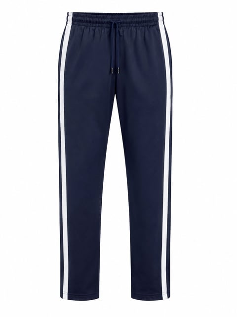 Navy blue track pants with white side stripes and drawstring waistband