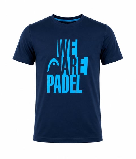Navy blue t-shirt with bright blue text reading WE ARE PADEL on the front