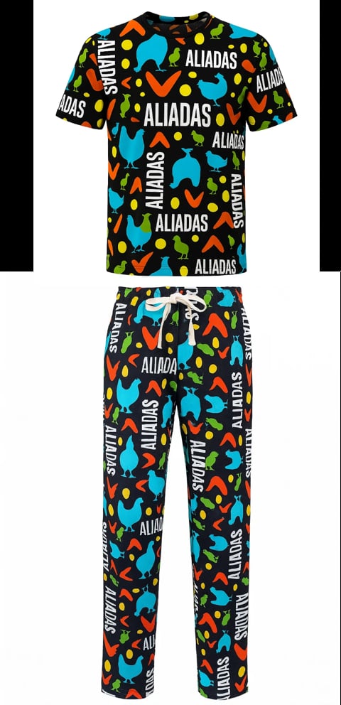 Colorful two-piece pajama set with ALIADAS text and playful geometric and animal shapes on black background