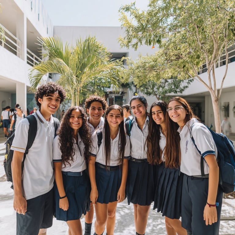 Group of eight smiling students in school uniforms posing together in a sunny courtyard with palm trees and white buildings