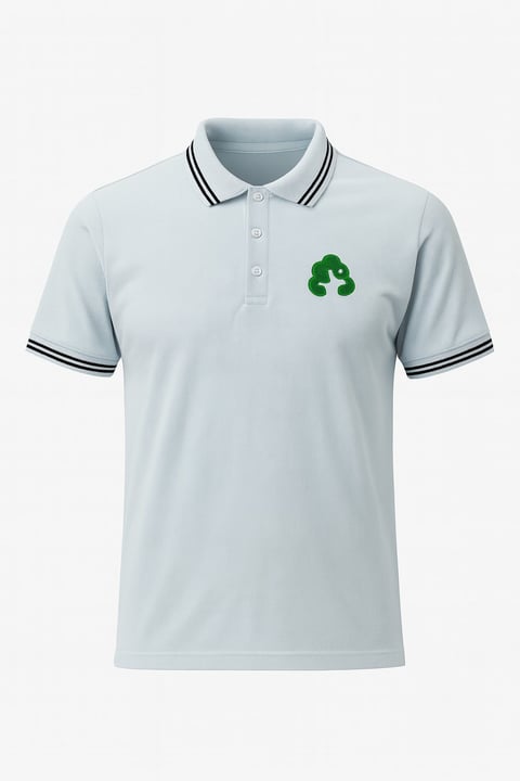 Light blue polo shirt with black striped collar and cuffs, featuring a green recycling symbol logo on the chest
