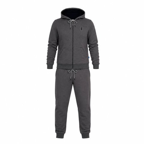 Charcoal gray zip-up hoodie and joggers tracksuit set displayed on white background