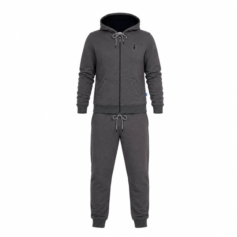 Charcoal gray zip-up hoodie and joggers tracksuit set displayed on white background