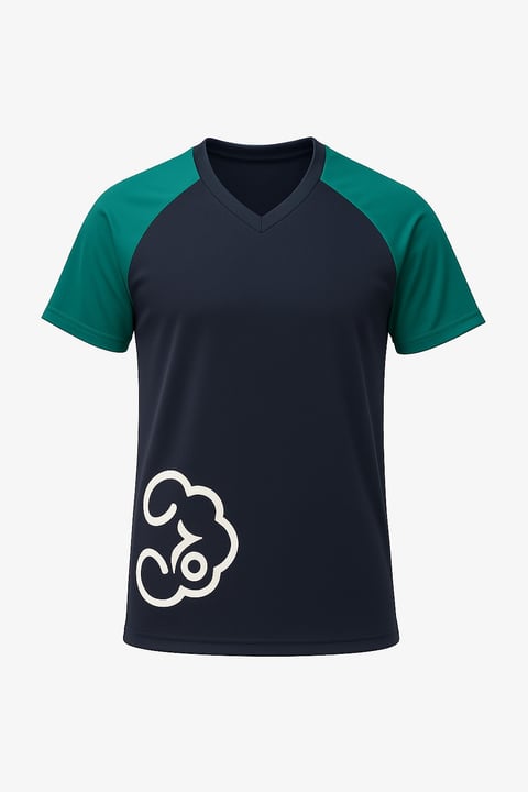 Womens V-neck raglan T-shirt with teal sleeves, dark navy body, and white abstract logo on front