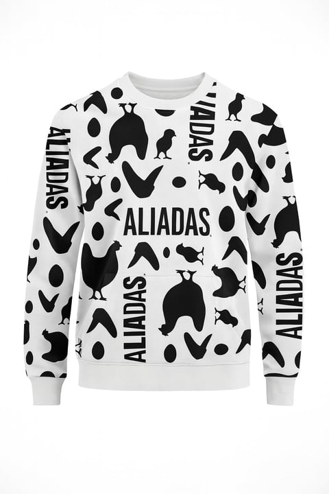 White sweatshirt with black abstract pattern featuring ALIADAS text, animal silhouettes, and geometric shapes
