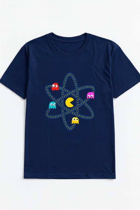 Navy blue t-shirt featuring Pac-Man game design with yellow Pac-Man character and colorful ghosts surrounded by dotted paths on front