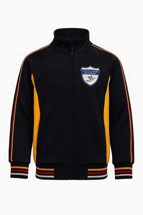 Black zip-up track jacket with yellow side stripes, team crest on chest, and striped ribbed cuffs and hem