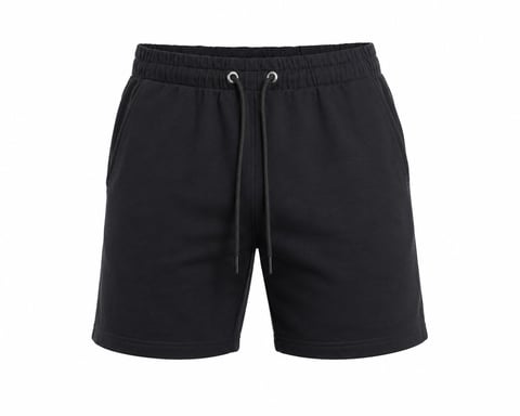 Black drawstring shorts with ribbed waistband and metal eyelets on white background