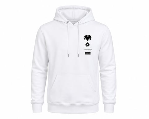 White hoodie with black palm tree graphic and text design on chest