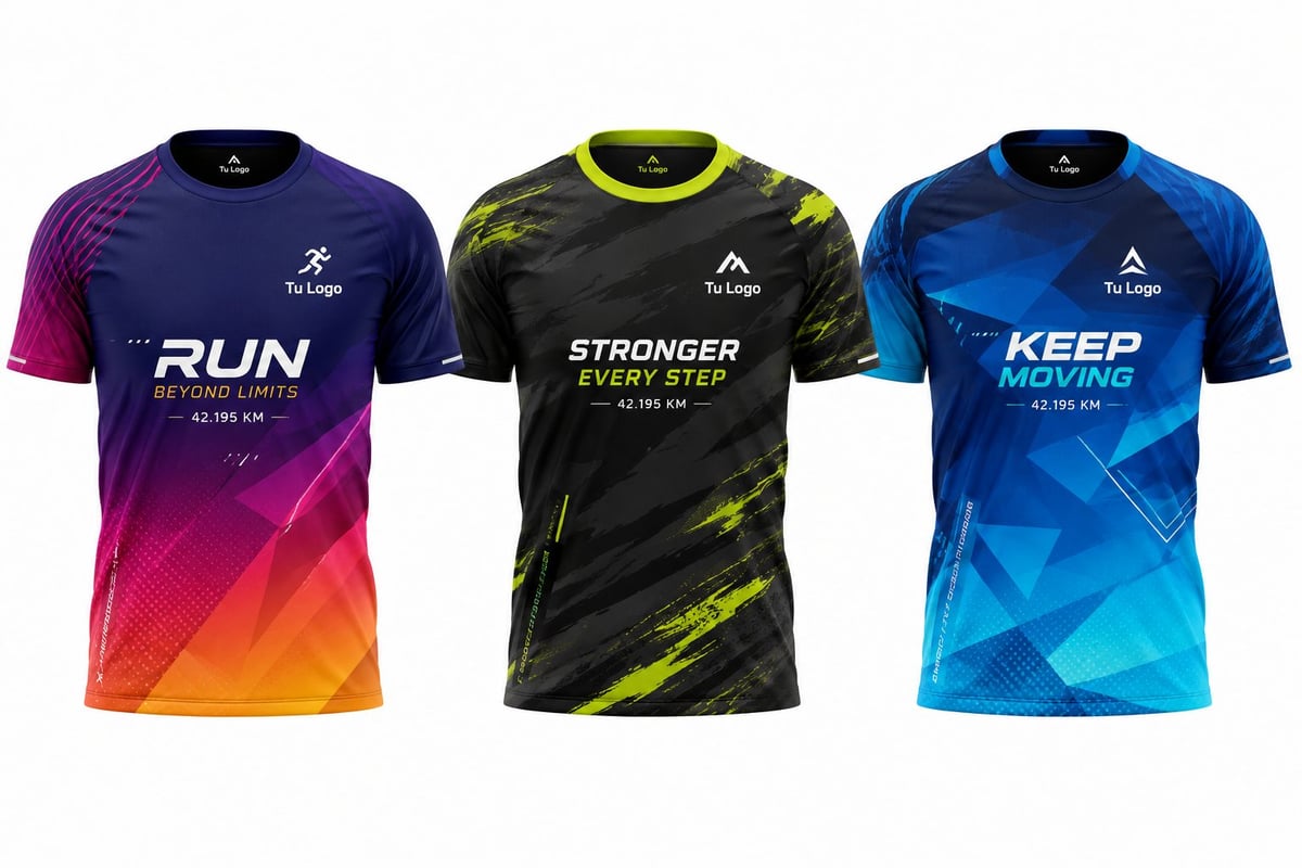 Three colorful athletic t-shirts with motivational slogans: purple gradient Run shirt, black and yellow Stronger shirt, and blue Keep Moving shirt