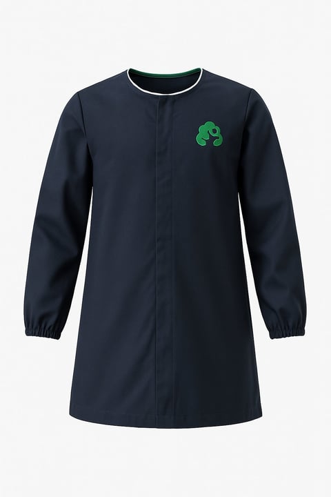 Navy blue long-sleeve shirt dress with white trim collar and green embroidered logo on chest