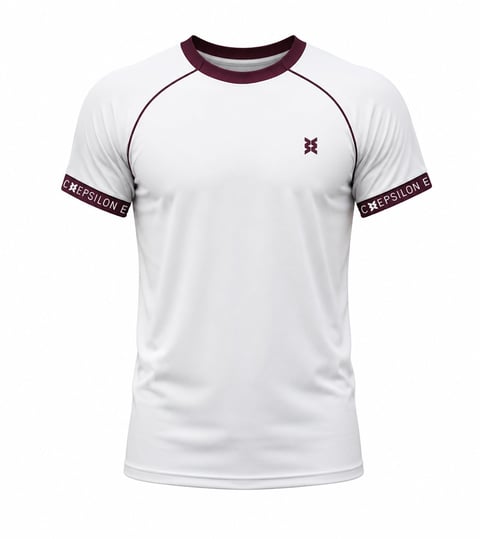 White athletic t-shirt with burgundy trim and sleeve bands, featuring a small logo on the chest