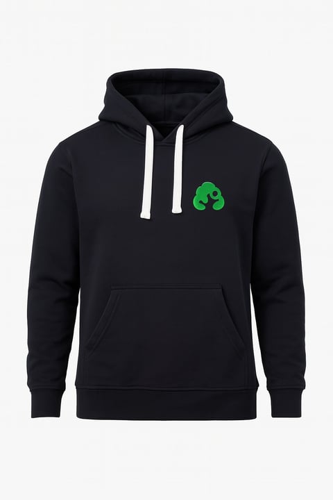 Black hoodie with white drawstrings and a green recycling symbol logo on the chest