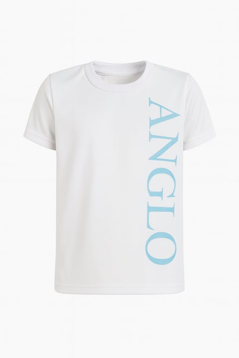 White short-sleeved t-shirt with light blue ANGLO text printed vertically on the right chest