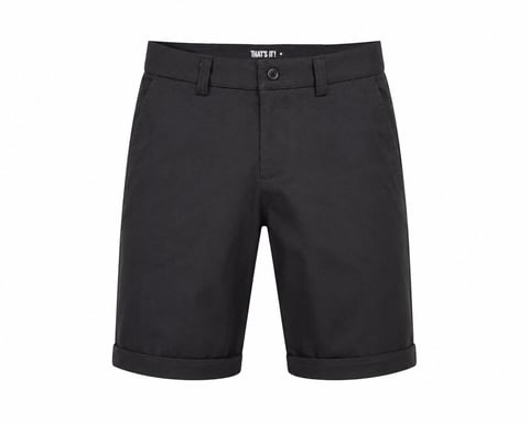 Black mens chino shorts with rolled cuffs and front pockets, displayed flat on white background