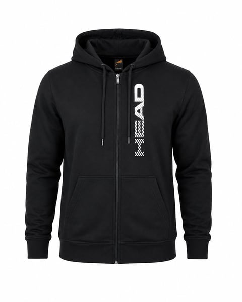Black zip-up hoodie with white AND logo on front chest, drawstring hood, and front pockets