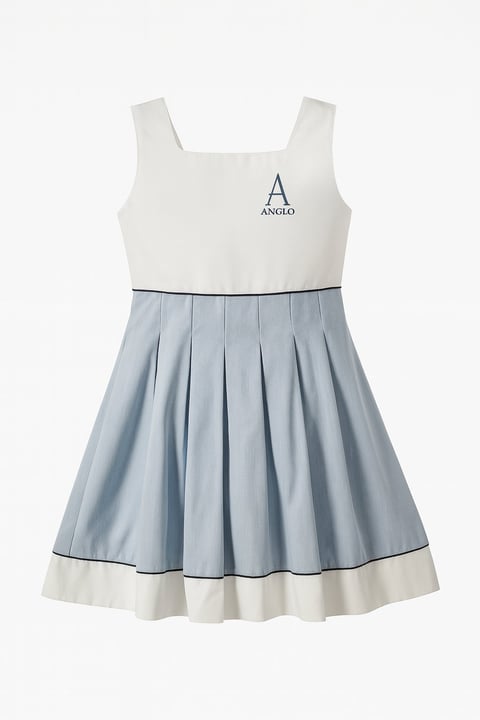 White sleeveless dress with blue pleated skirt section and cream hem, featuring small ANGLO logo on chest