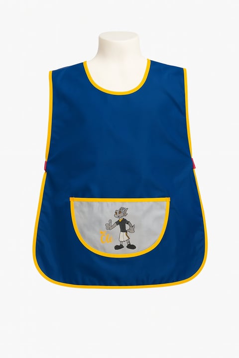 Blue and yellow baby bib with cartoon character graphic and front pocket on mannequin
