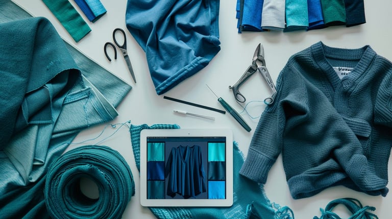 Flat lay of blue and teal clothing items and sewing supplies arranged on white background, including scissors, thread, and fabric swatches