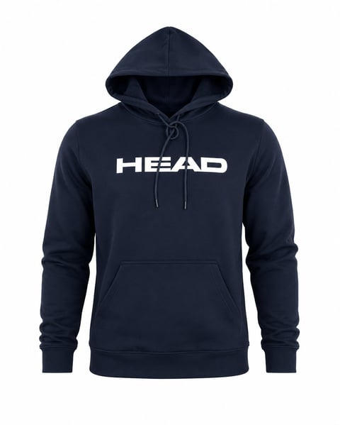 Dark blue HEAD brand hoodie with white logo text on chest, drawstring hood, and front kangaroo pocket