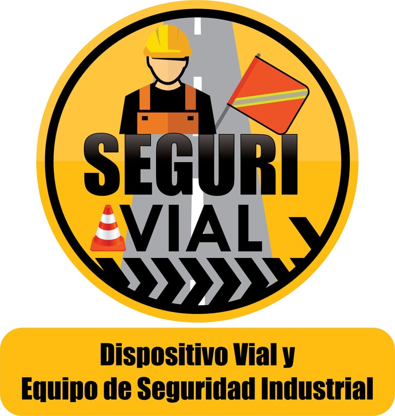 Seguri Vial logo with construction worker, hard hat, traffic cone and warning sign
