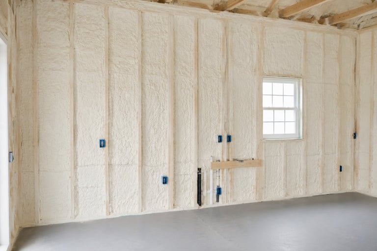 Interior of an unfinished room with insulation and drywall studs installed, blue outlet boxes, window opening, and concrete floor