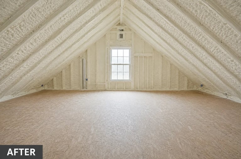 Empty finished attic room with white shiplap walls, vaulted ceiling, center window, and light wood flooring