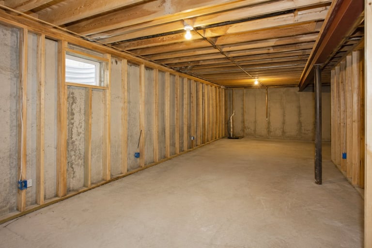 Empty basement room under construction with exposed wooden studs, concrete floor, and ceiling lights