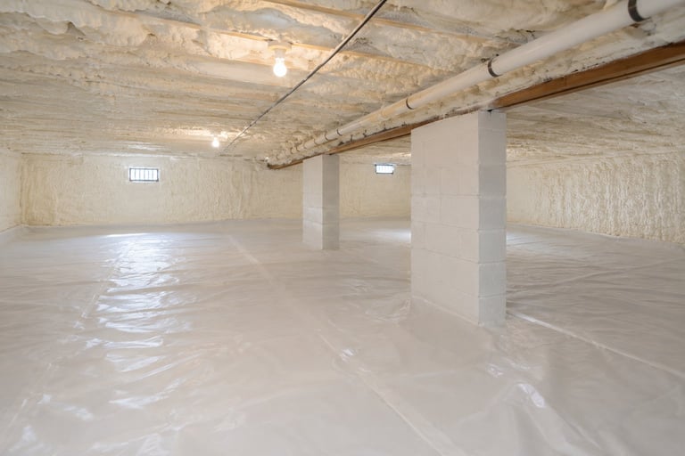 Empty basement or underground parking garage with concrete floor, exposed ceiling, support columns, and fluorescent lighting