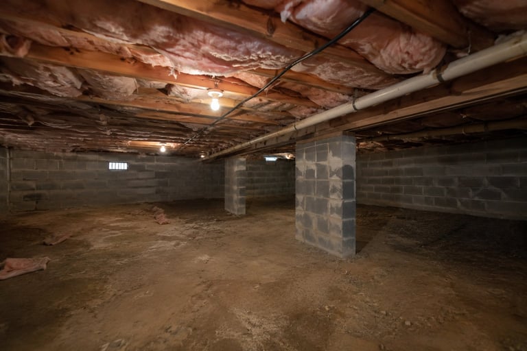 Empty basement or crawlspace with concrete floor, support pillars, exposed wooden joists and insulation overhead