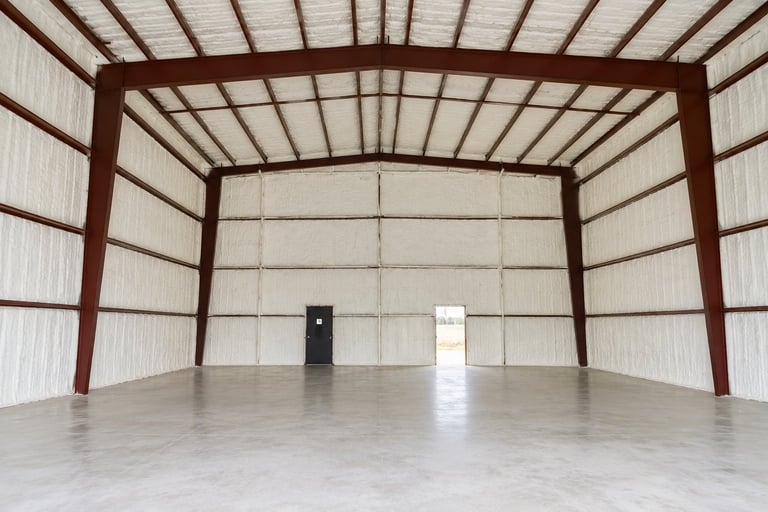 Empty warehouse interior with concrete floor, white metal walls, and red steel beam frame structure