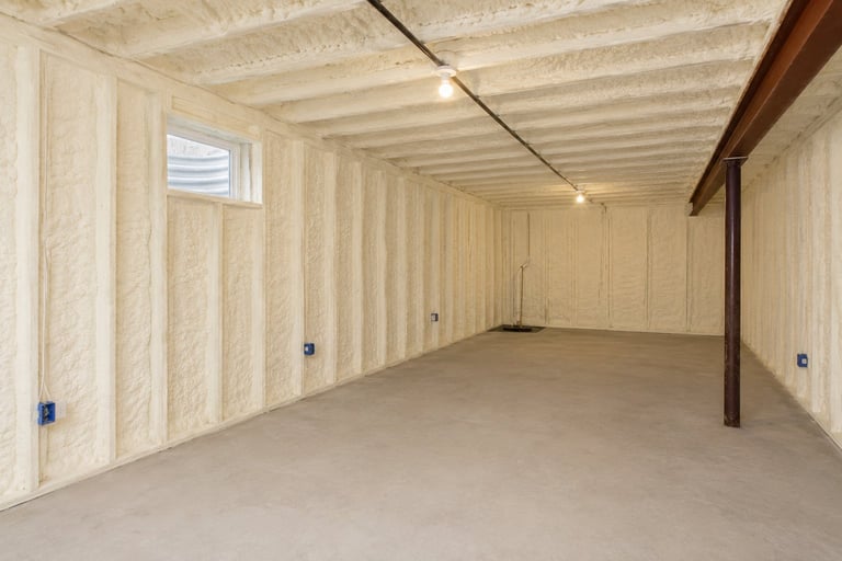 Empty residential garage interior with concrete floor, insulated walls, exposed ceiling beams, and a single support column