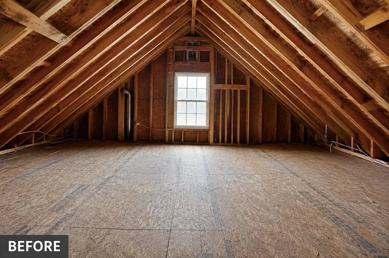 Empty attic space with exposed wooden beams and trusses, concrete floor, and small rectangular window labeled before renovation
