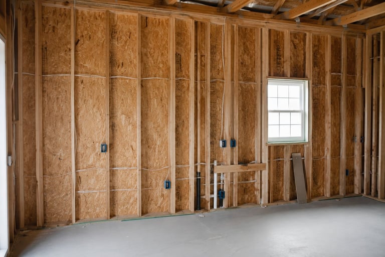 Unfinished garage interior with exposed wooden wall studs, insulation, and a single window during construction