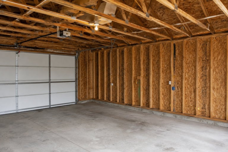 Empty garage interior under construction with exposed wooden framing and white garage door