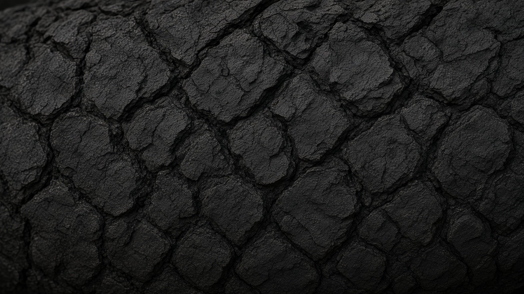 Close-up view of dark, cracked rocky surface texture with deep crevices