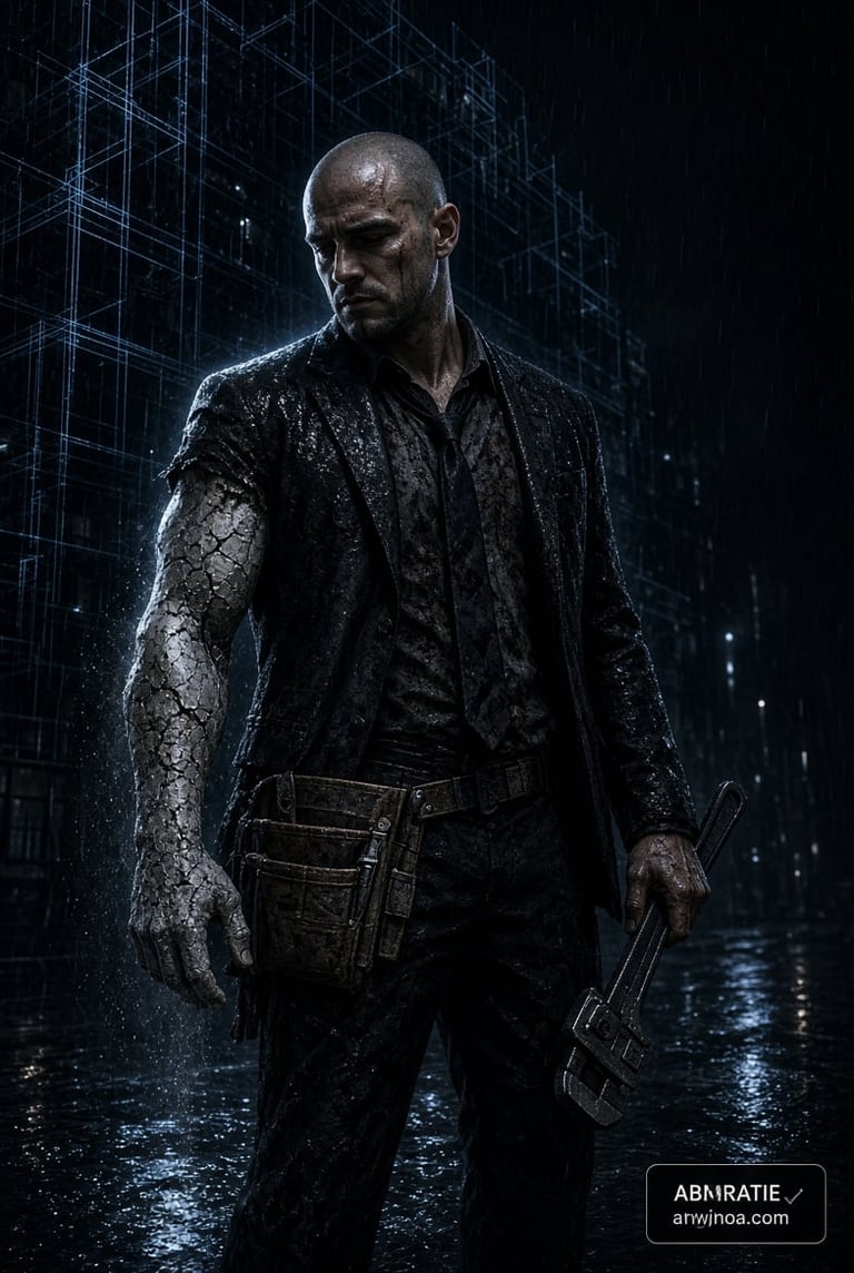 Tough bald man in black wet jacket holding a gun, standing in rain with digital cityscape background