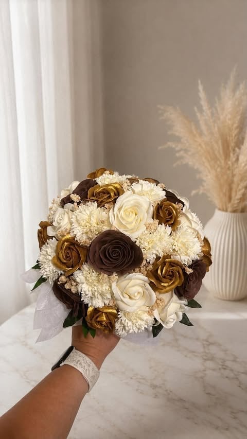 Person holding a wedding bouquet with cream, brown, and bronze roses and white carnations against a neutral backdrop